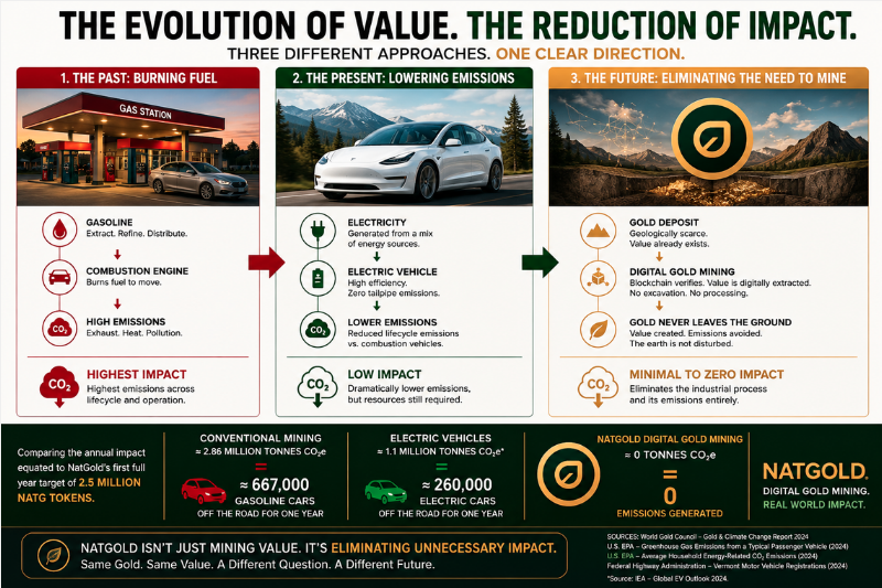 The evolution of value and the reduction of impact: gasoline, electric vehicles and NatGold digital gold mining