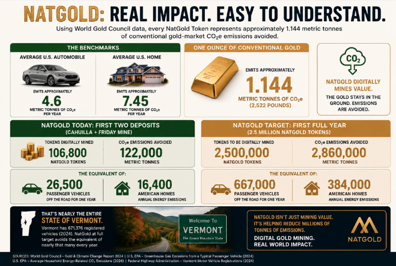 NatGold real impact: emissions avoided benchmarked against vehicles, homes and the State of Vermont