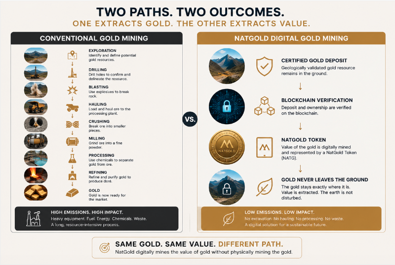 Two paths, two outcomes: conventional gold mining versus NatGold digital gold mining